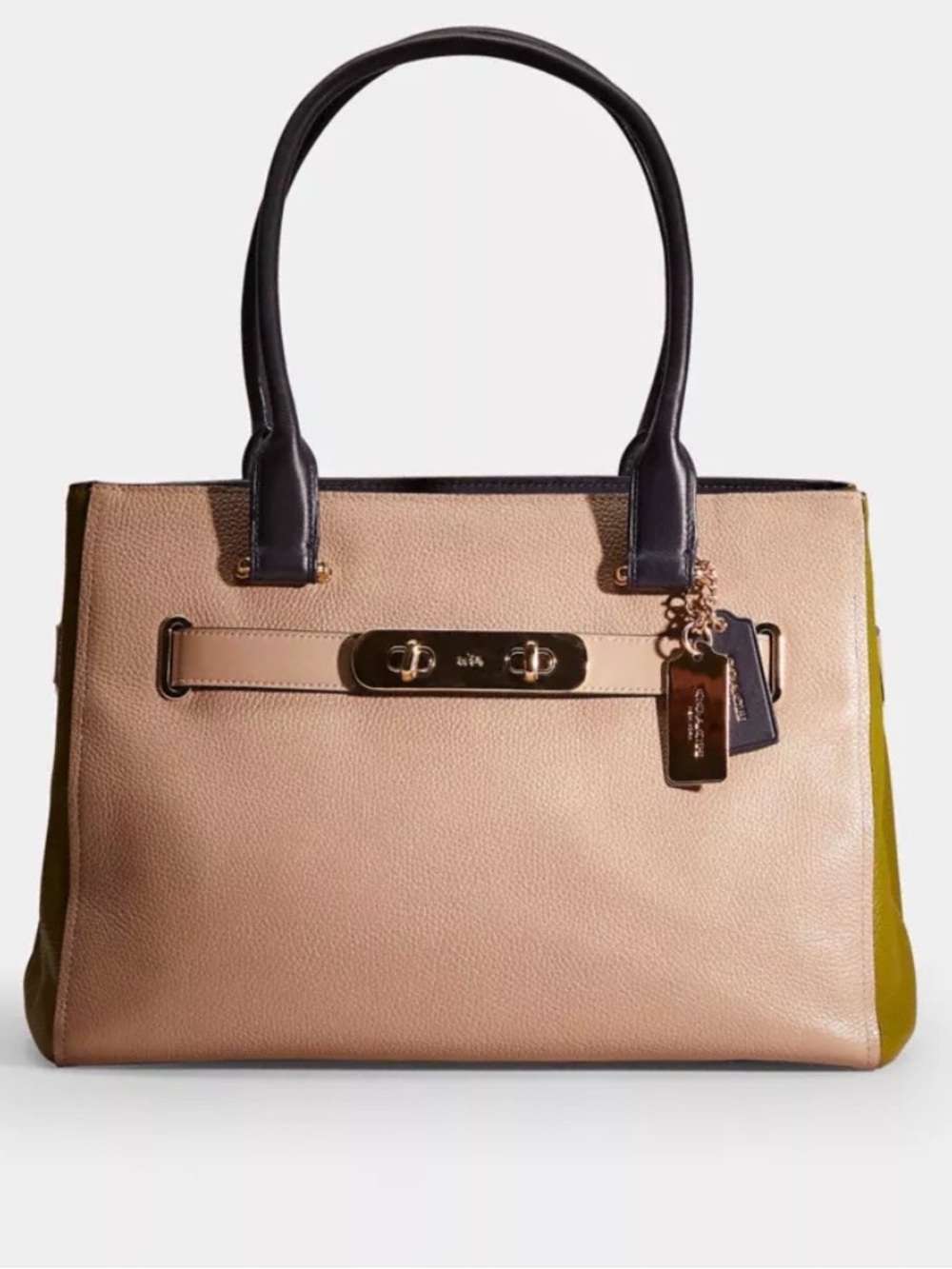 Coach Pebbled Leather Two-Tone Tote in Beige, Black and Olive